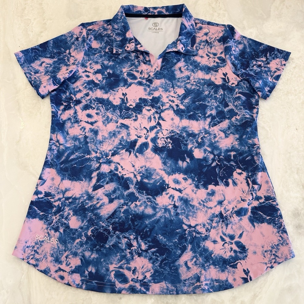 Scales Gear Women's Large Performance Golf Polo Blue Pink Floral Stretch Shirt L